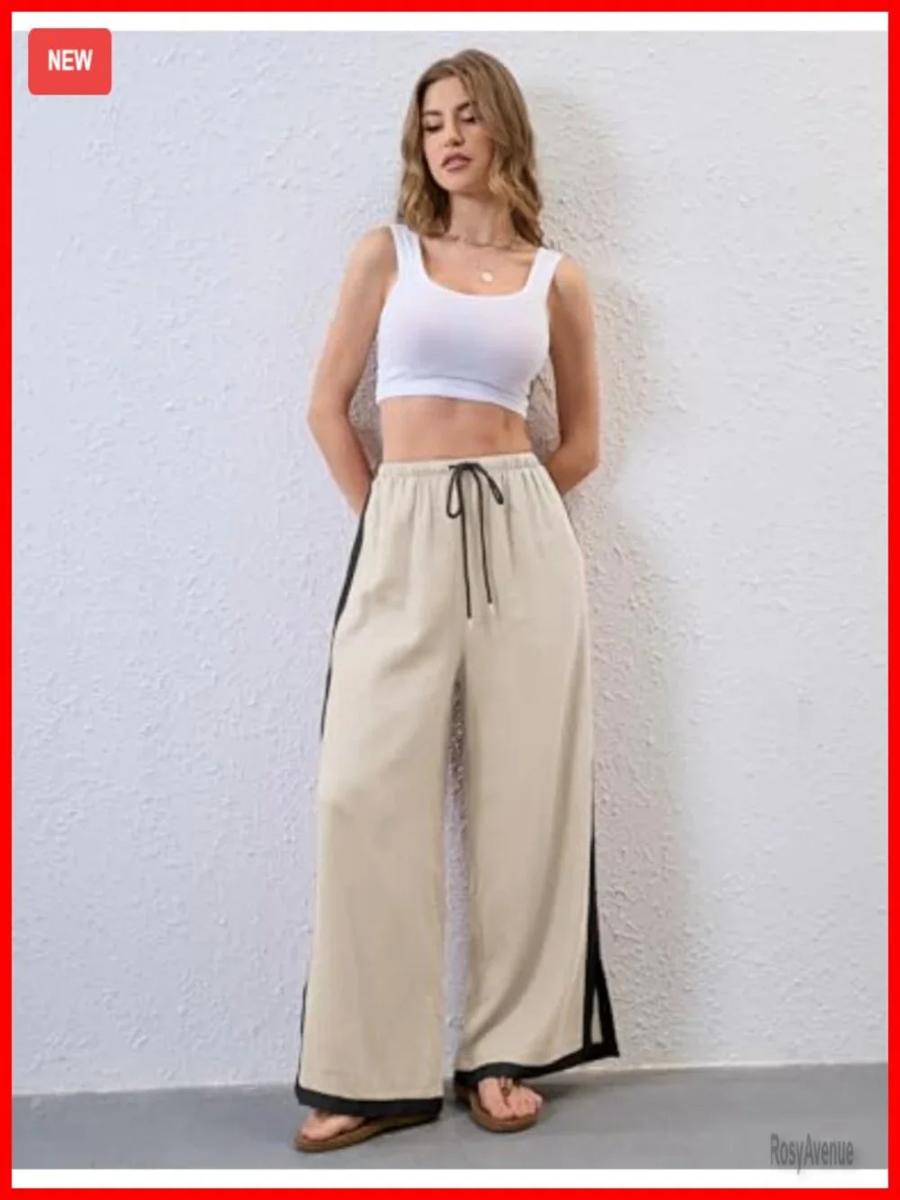 Wide Leg Striped Capri Linen Pants with Pockets High Waisted Drawstring